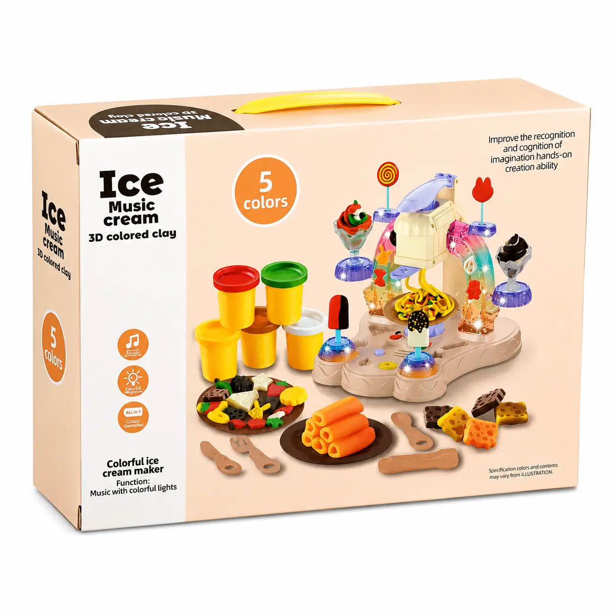 Kids ice cream maker clay playset box with 5 colors, music, colorful lights and dessert making accessories