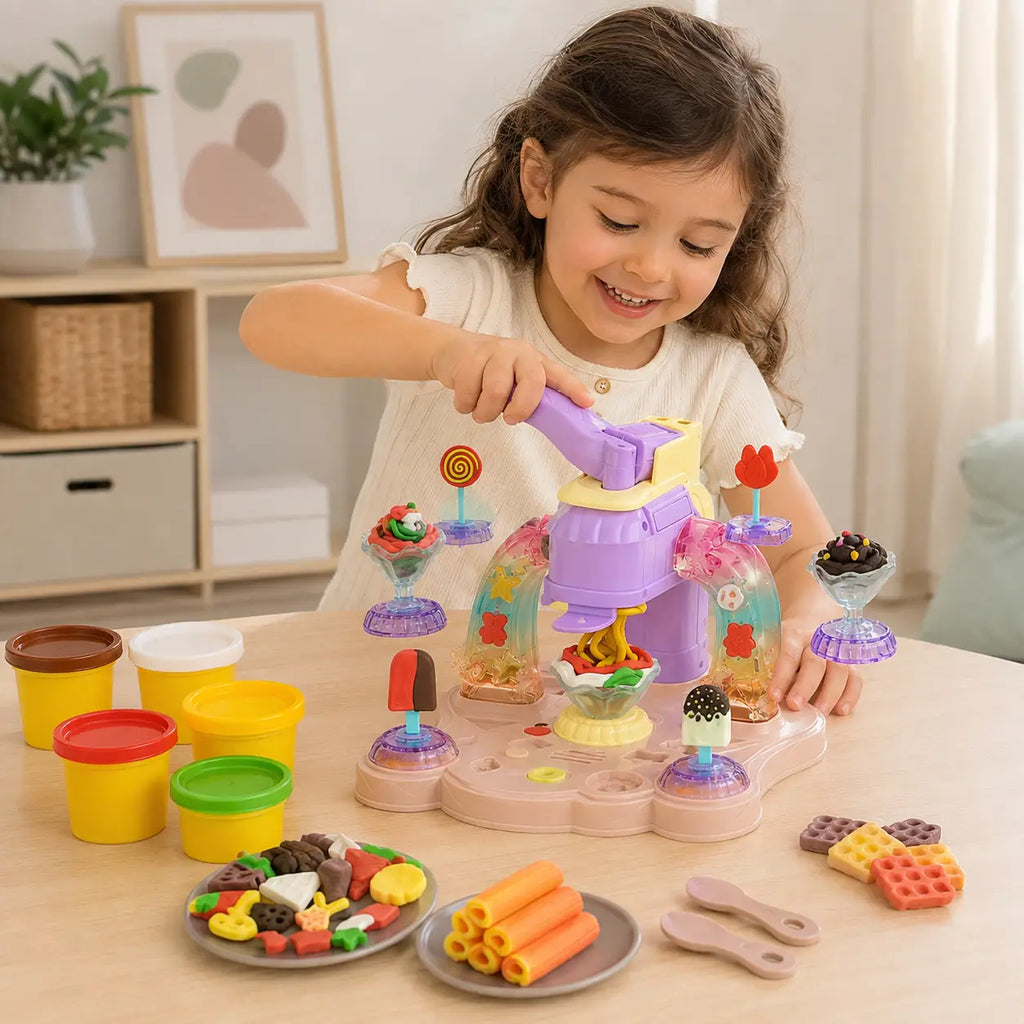 Young child playing with kids ice cream maker clay playset with 5 color modeling clay and dessert accessories
