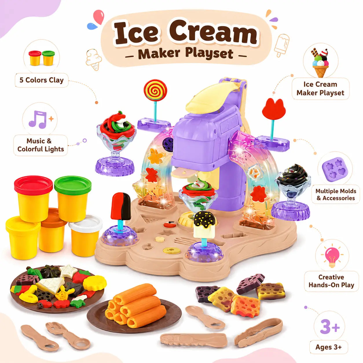 Kids ice cream maker clay playset features showing 5 colors clay, music, colorful lights, molds and accessories
