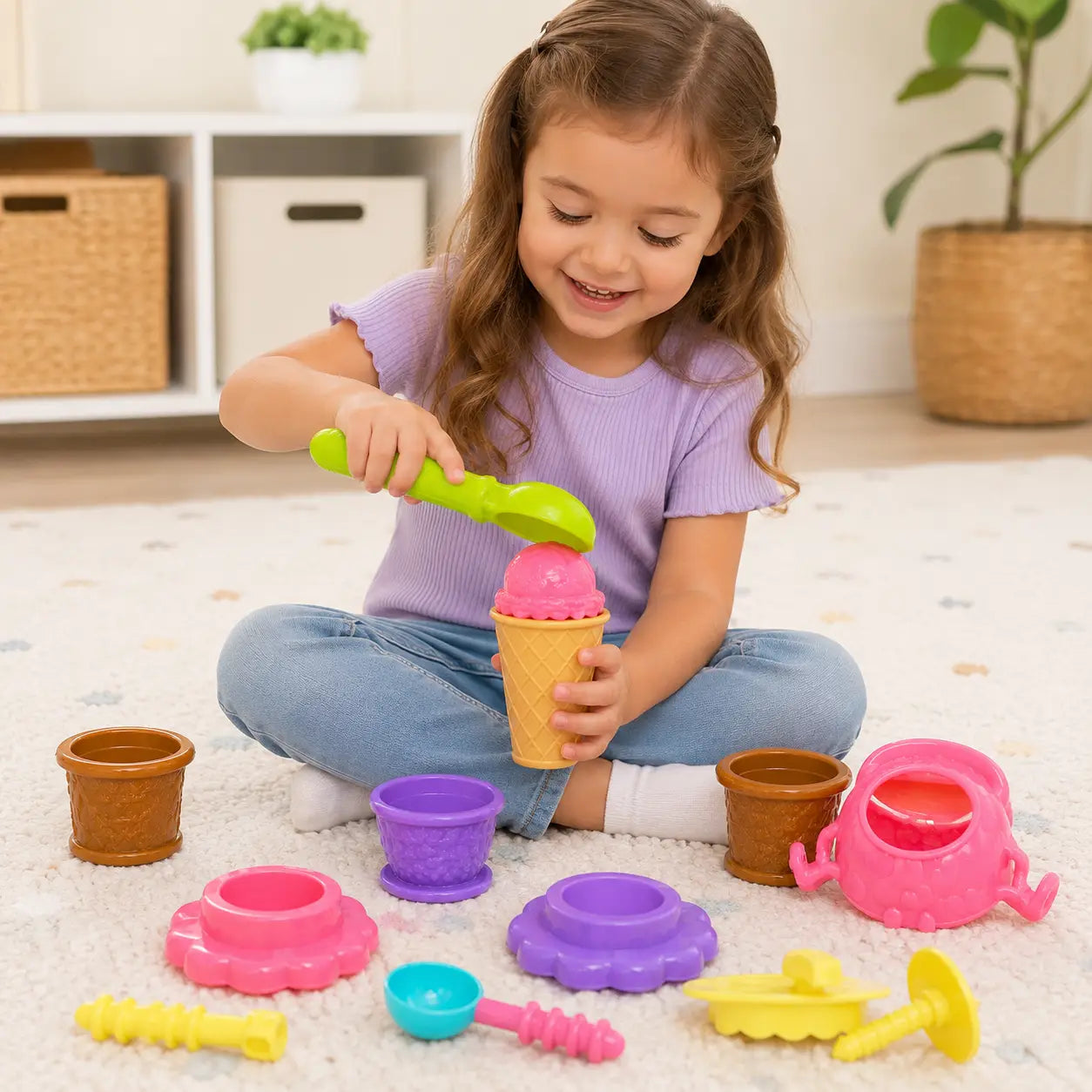 Young child playing with colourful Scoopy Fun pretend ice cream cones scoops and serving accessories