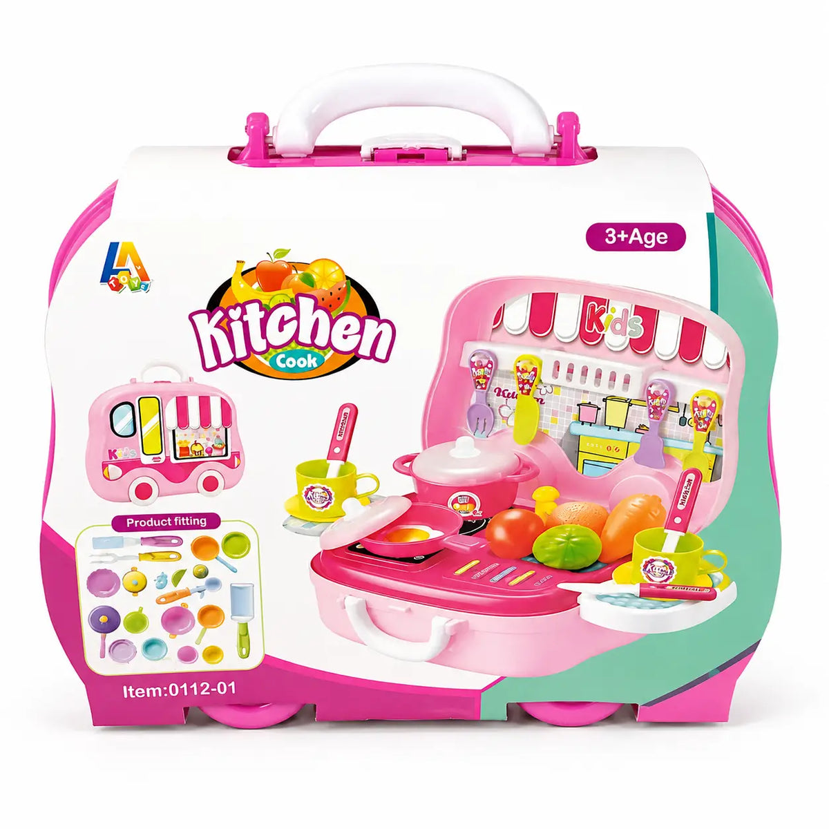 Pink kids Kitchen Cook portable carry case with pretend cookware food and utensils