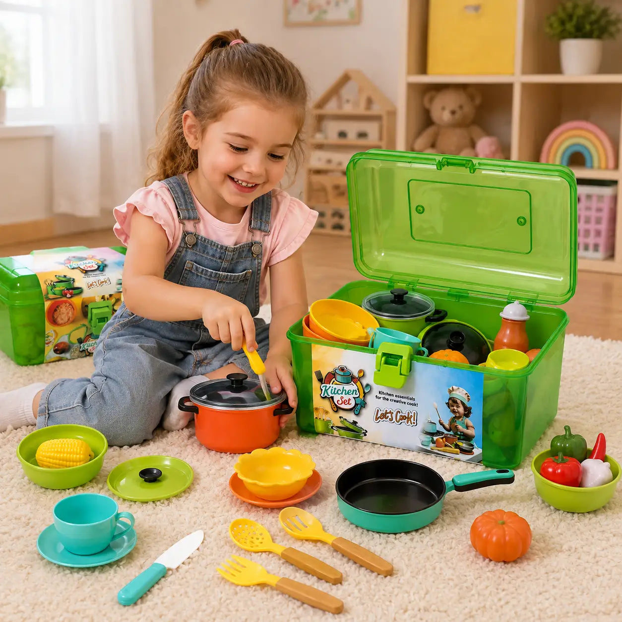 Child playing with portable kids kitchen set and pretend cooking accessories