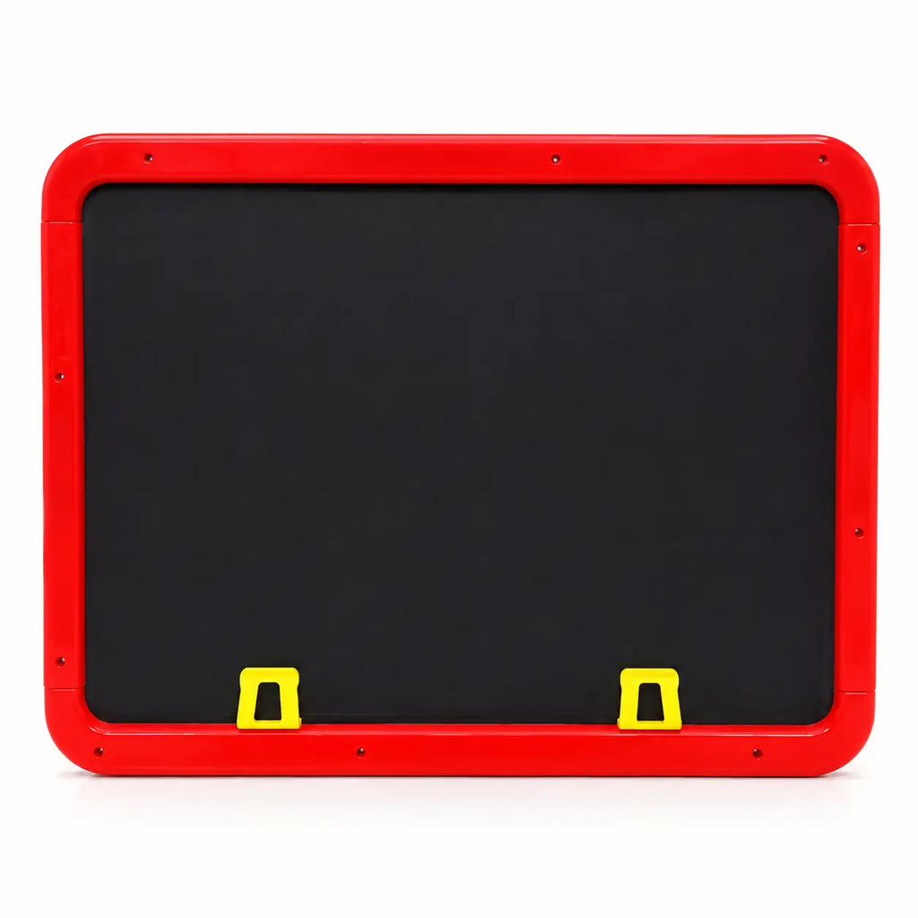 Black chalkboard side of kids learning easel with red frame and yellow support clips