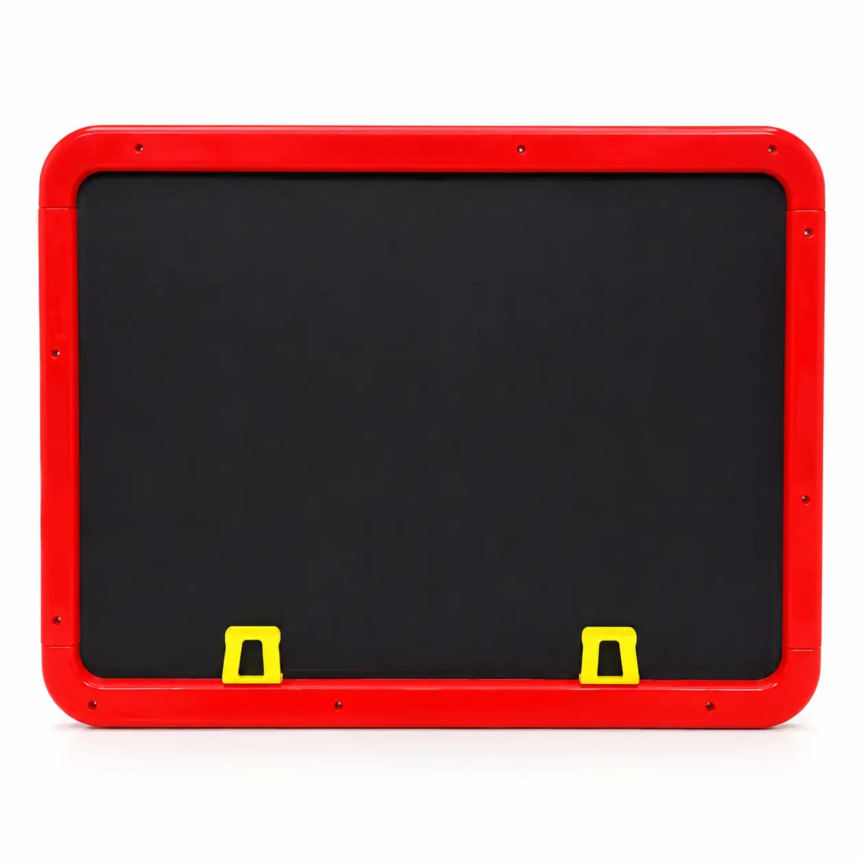 Black chalkboard side of kids learning easel with red frame and yellow support clips