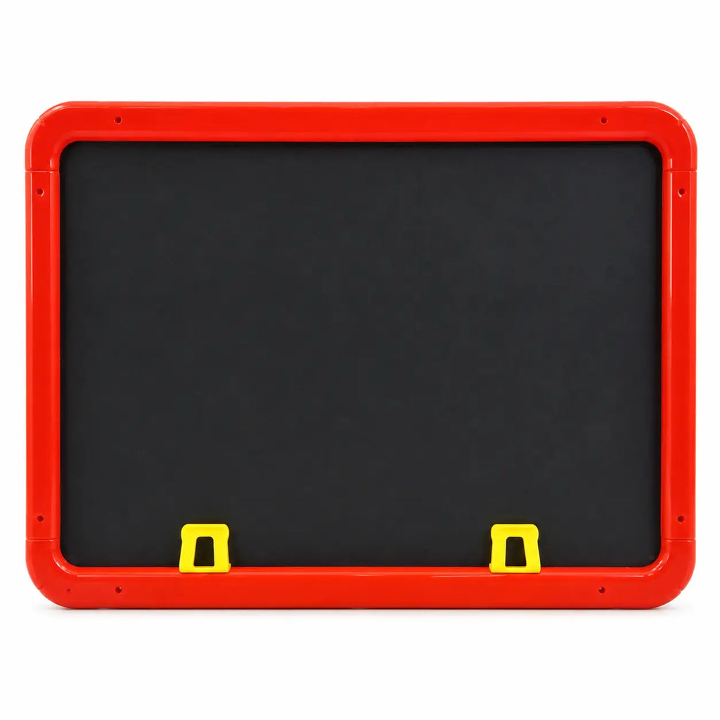 A rectangular blackboard with a thick red frame and two small yellow mounting brackets at the bottom, shown against a plain white background.