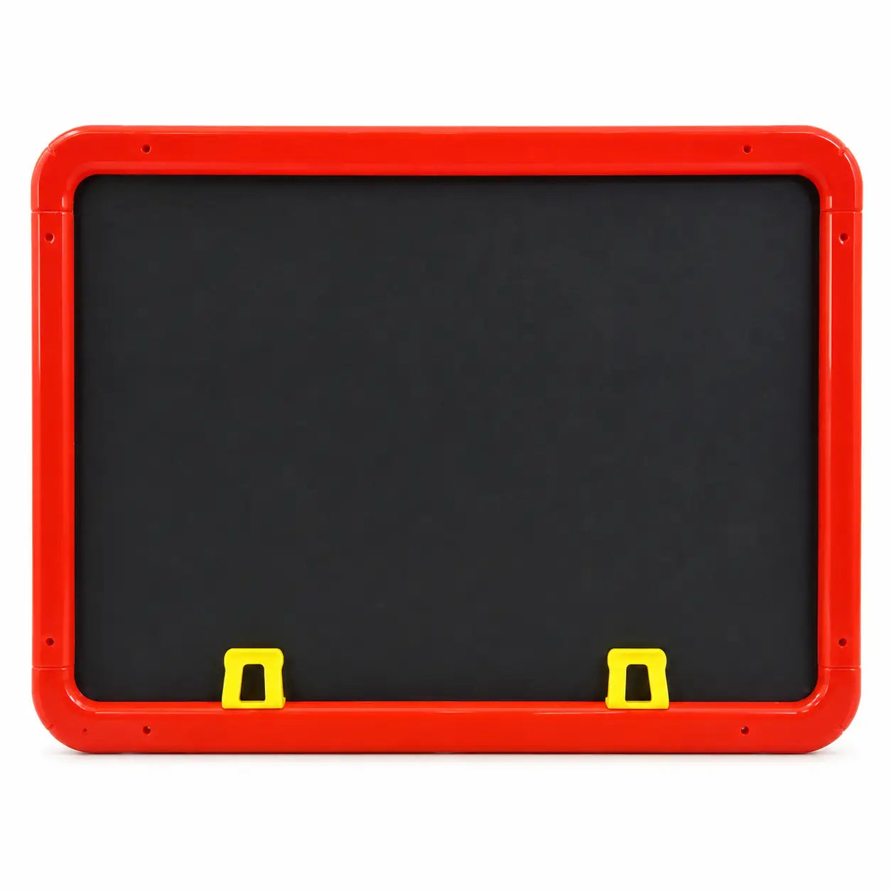 A rectangular blackboard with a thick red frame and two small yellow mounting brackets at the bottom, shown against a plain white background.