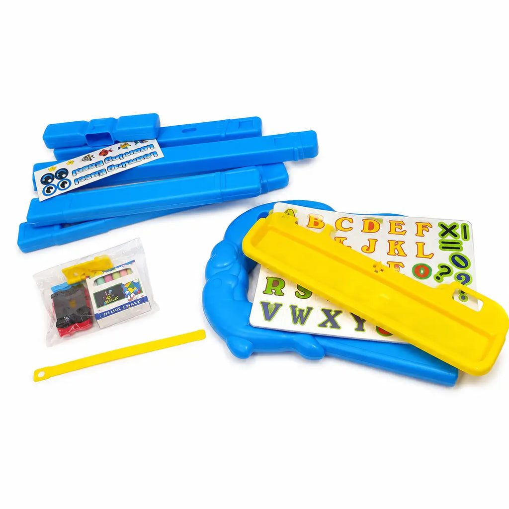 A children's alphabet and number learning toy set on a white background, including blue plastic letter bars, a blue tray, a yellow lettering tool, alphabet and number stickers, and a small accessory packet.