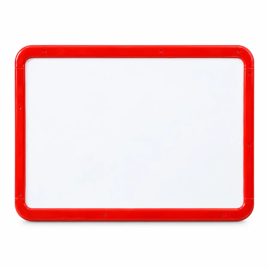 Red framed whiteboard side of kids 3-in-1 learning easel on white background
