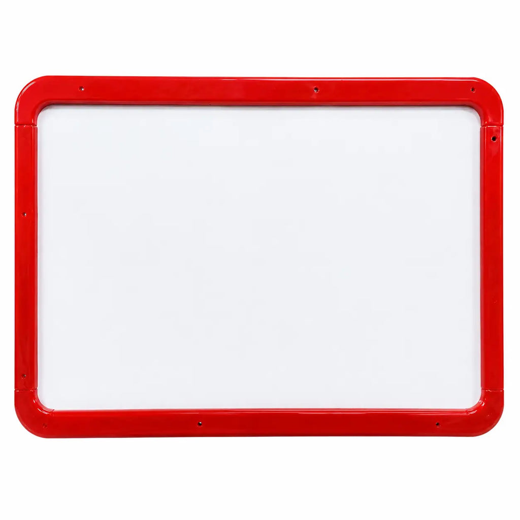 A rectangular whiteboard with a bright red frame, shown against a plain white background.