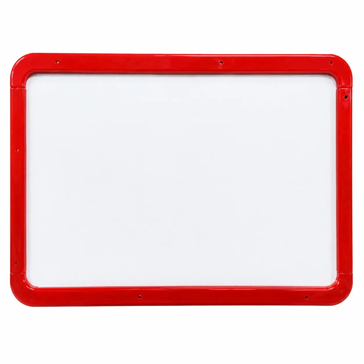 A rectangular whiteboard with a bright red frame, shown against a plain white background.