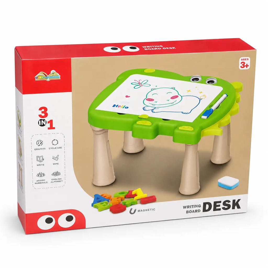 Kids 3-in-1 learning writing board desk packaging showing detachable legs and write-and-wipe activity board