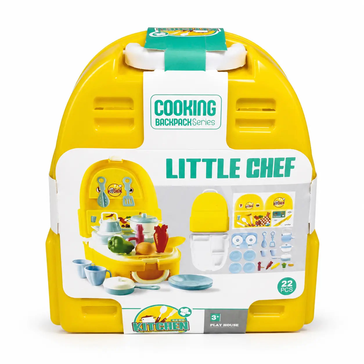 Yellow Cookin' Backpack Series Little Chef play kitchen toy set in its original carrying case, featuring a 22-piece set with a yellow play kitchen and accessories visible through the front window.