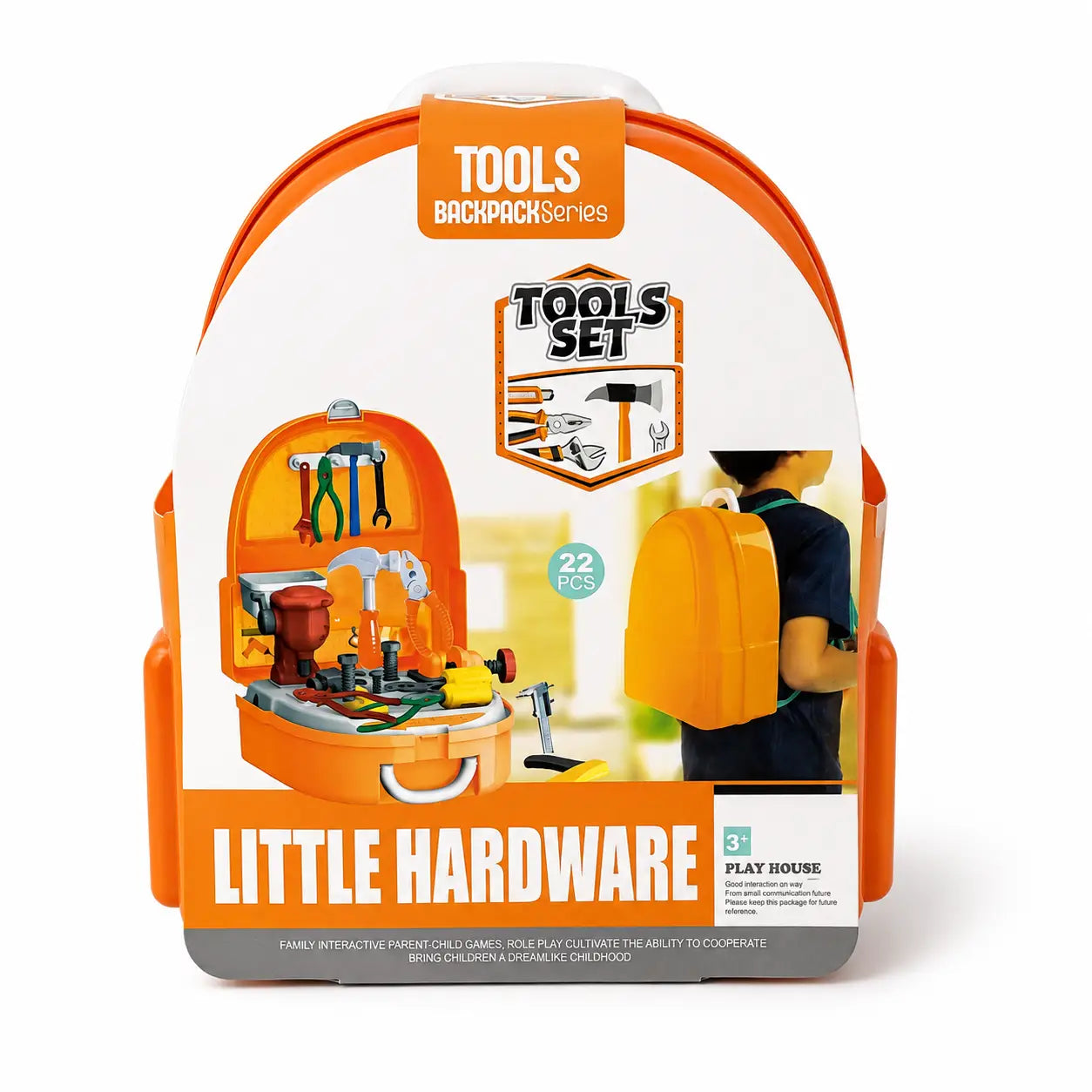 A toy backpack set labeled 'TOOLS BACKPACK Series' and 'LITTLE HARDWARE' in orange and white packaging, shown on a clean white background. The front of the backpack features product graphics, including an open orange tool chest with miniature tools and a child wearing a matching orange backpack.