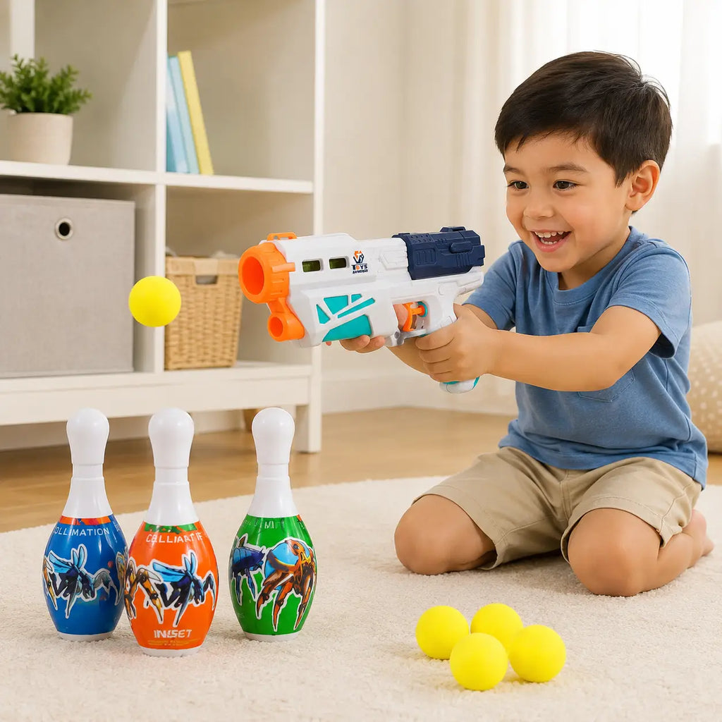 Child playing with Magic Toy Blaster and colourful target pins during indoor play