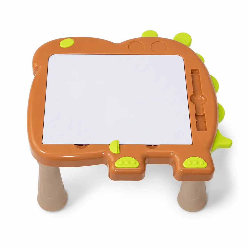 Brown and lime green kids magnetic writing board desk with detachable table legs and white drawing surface
