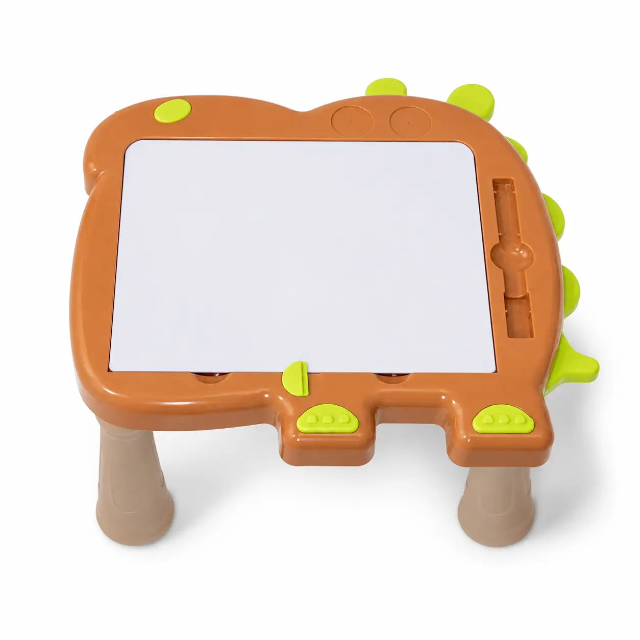 Brown and lime green kids magnetic writing board desk with detachable table legs and white drawing surface