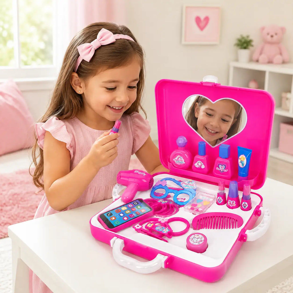 Young child playing with Toy Venture Makeup Magic pink beauty set with heart mirror and pretend accessories