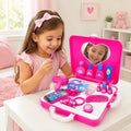 Young child playing with Toy Venture Makeup Magic pink beauty set with heart mirror and pretend accessories