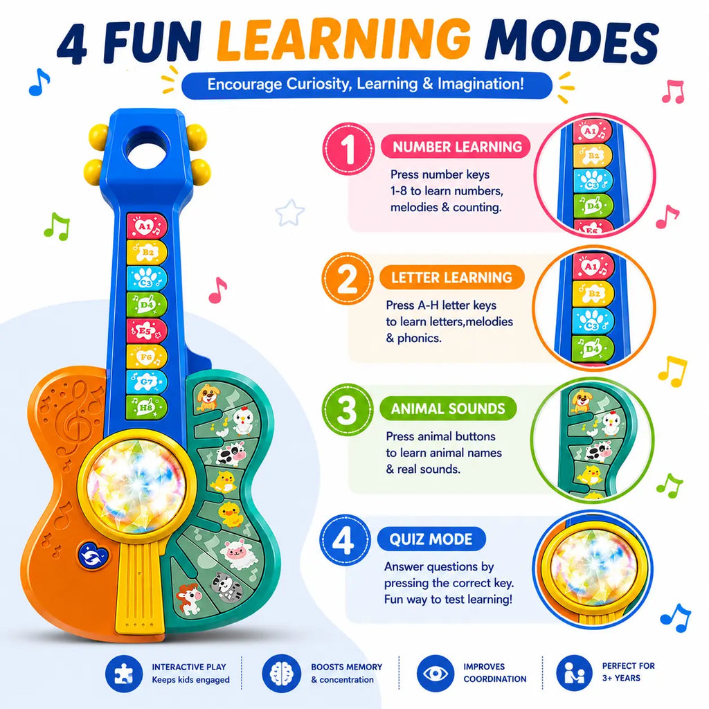 Educational musical guitar toy showing interactive learning modes and colorful sound buttons for kids