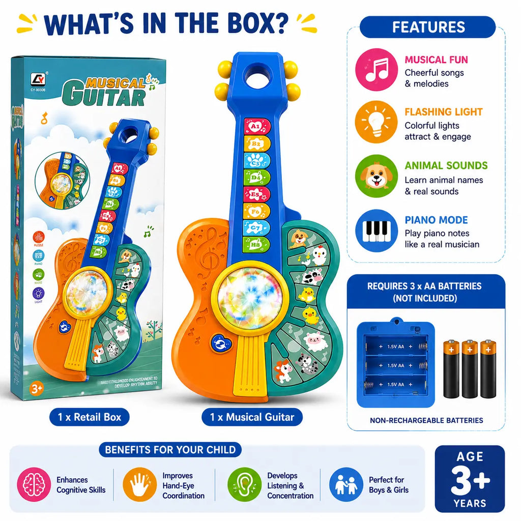 Educational musical guitar toy showing interactive learning modes and colorful sound buttons for kids