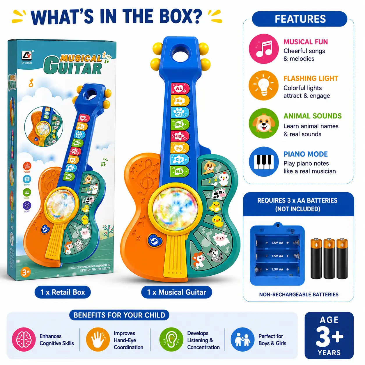 Educational musical guitar toy showing interactive learning modes and colorful sound buttons for kids