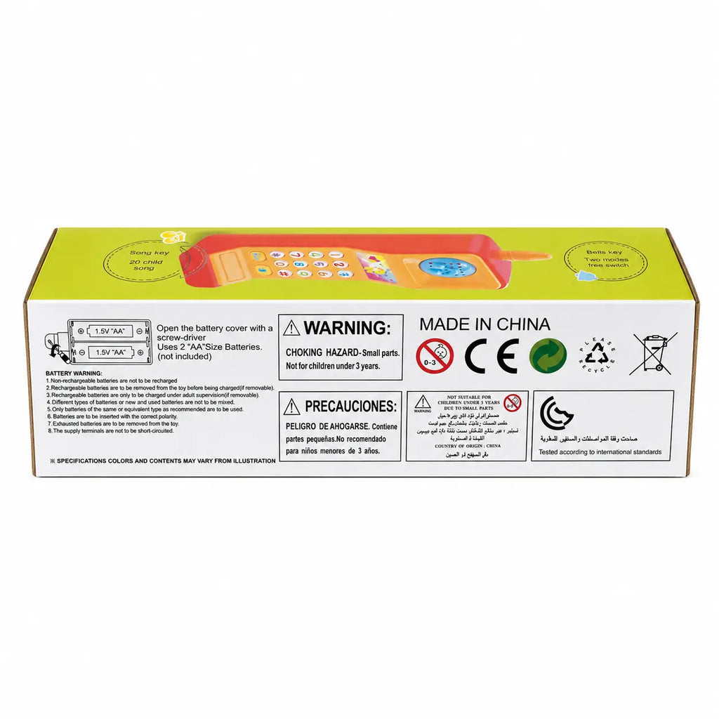 HJ-8033 kids toy phone packaging showing 2 AA battery and safety information