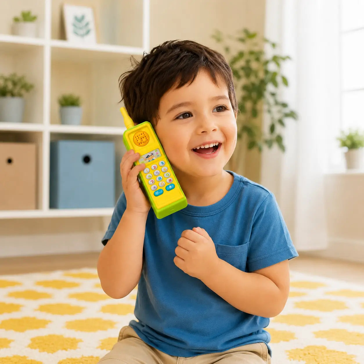 Young child playing with green and yellow HJ-8033 musical mobile phone toy
