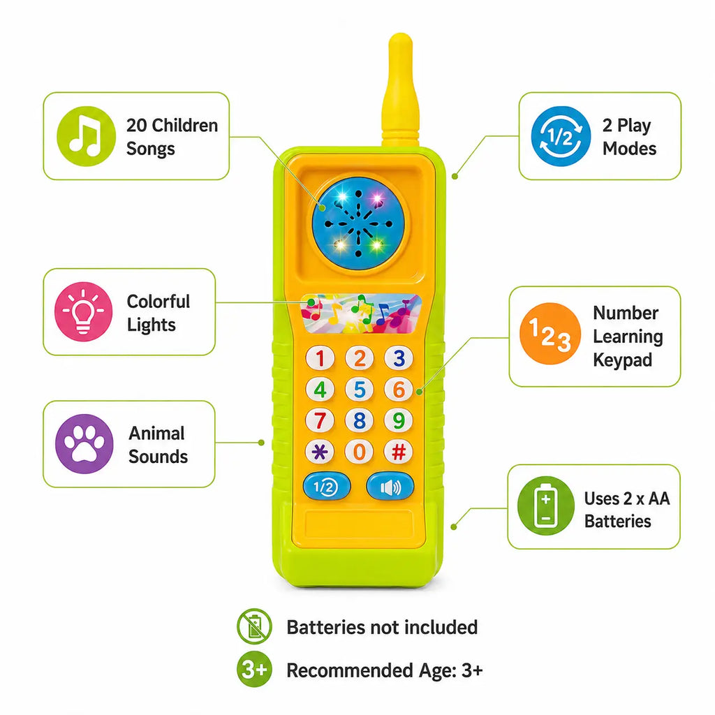 HJ-8033 kids musical mobile phone toy features including songs lights animal sounds and number keypad