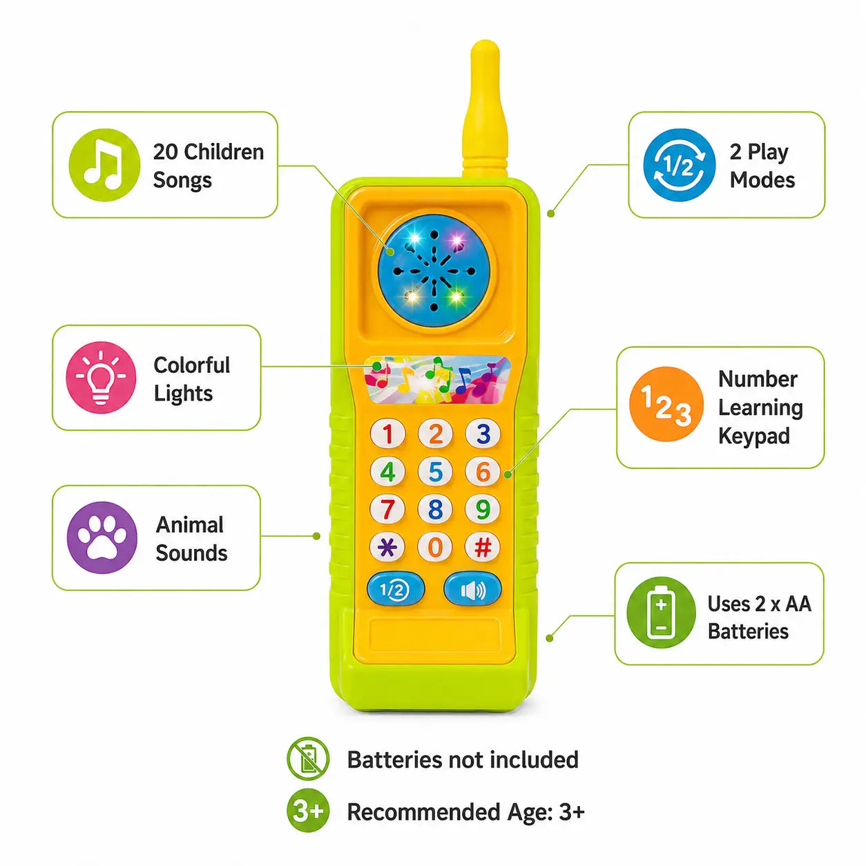 HJ-8033 kids musical mobile phone toy features including songs lights animal sounds and number keypad