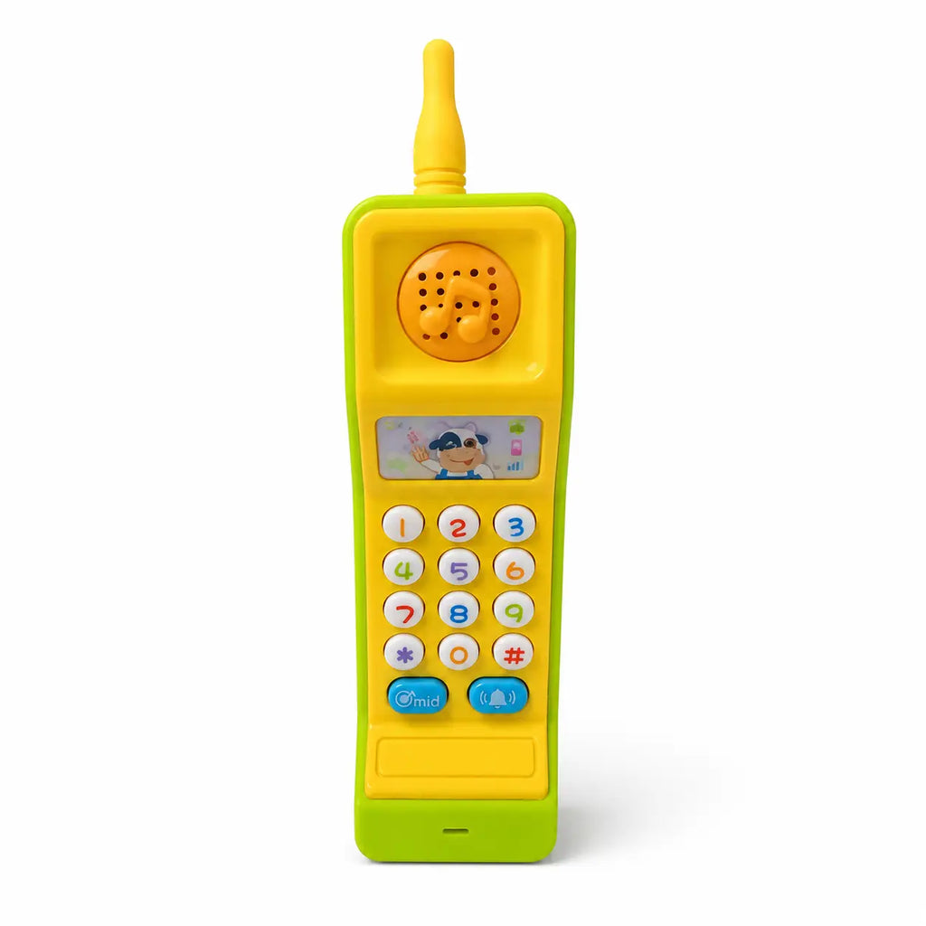 Green and yellow HJ-8033 kids musical mobile phone toy front view with colorful keypad