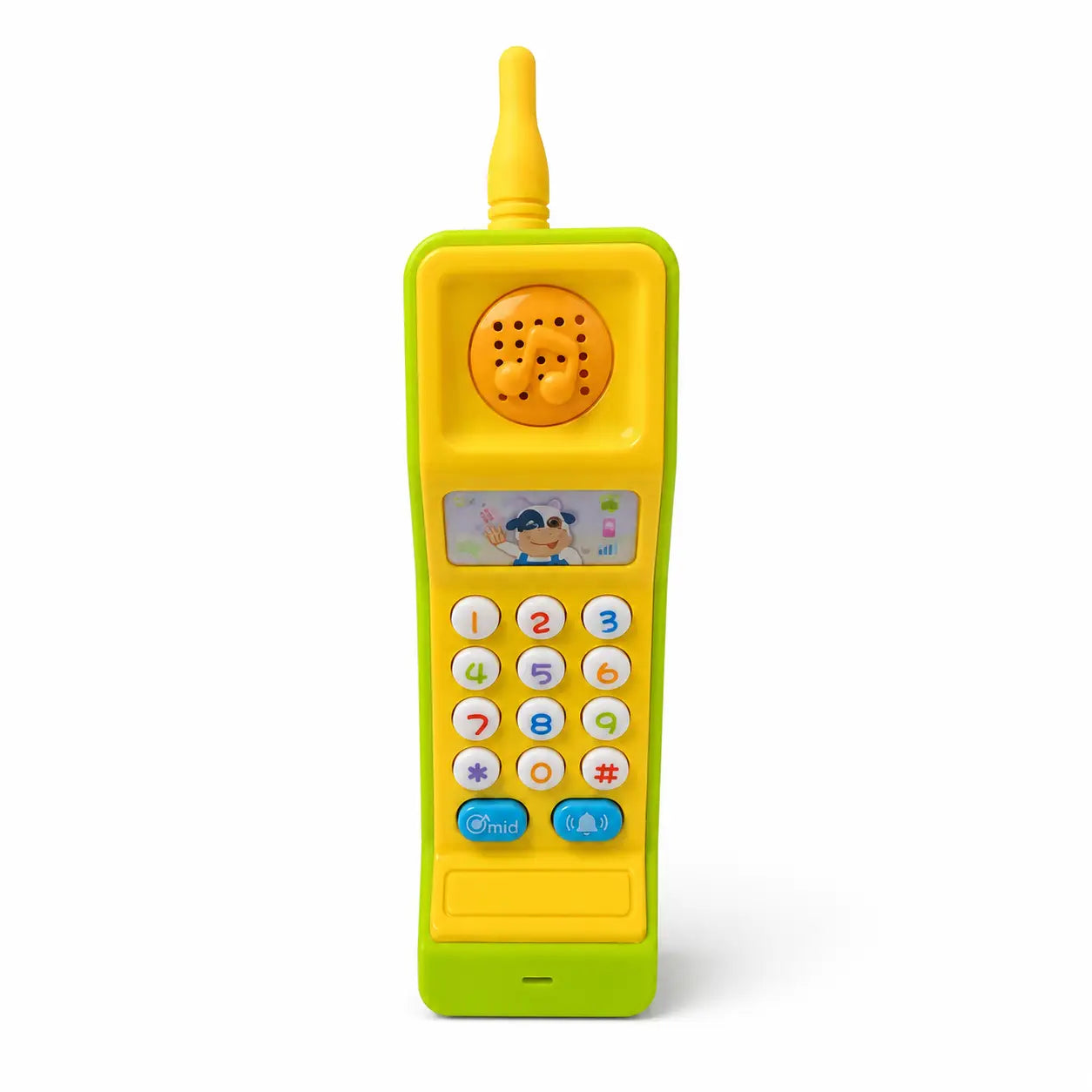 Green and yellow HJ-8033 kids musical mobile phone toy front view with colorful keypad