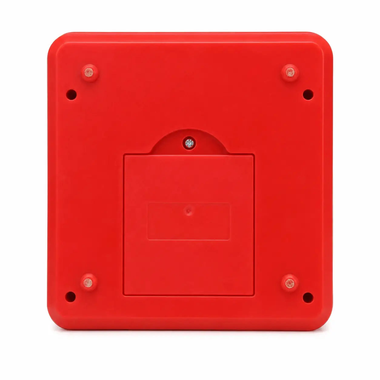 Bottom view of red electronic kids’ Number Bank showing the closed battery compartment