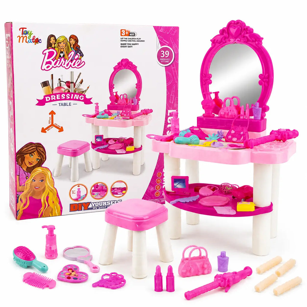 Pink kids vanity dressing table with matching stool mirror and assorted pretend beauty accessories
