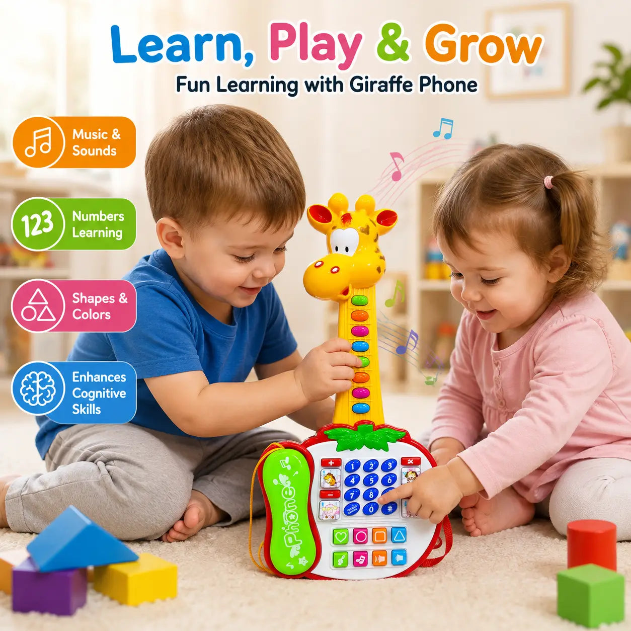 Boy and girl playing with an interactive giraffe phone musical learning toy indoors