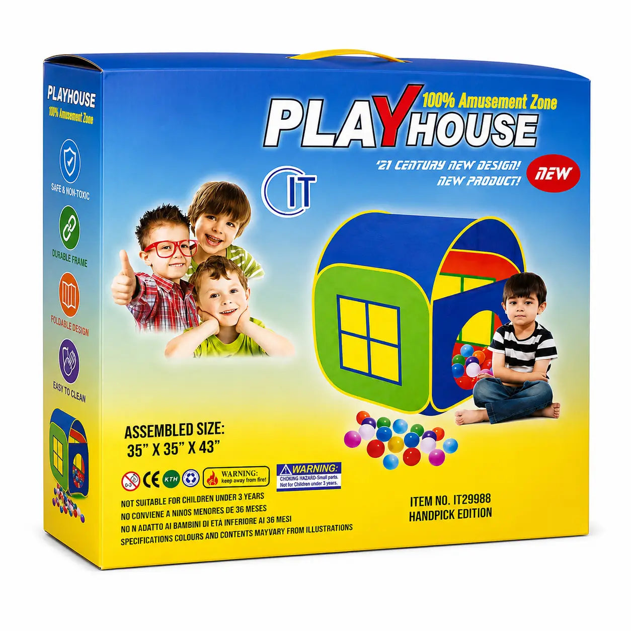 Kids pop-up play house tent retail box showing colourful tent with balls and assembled size