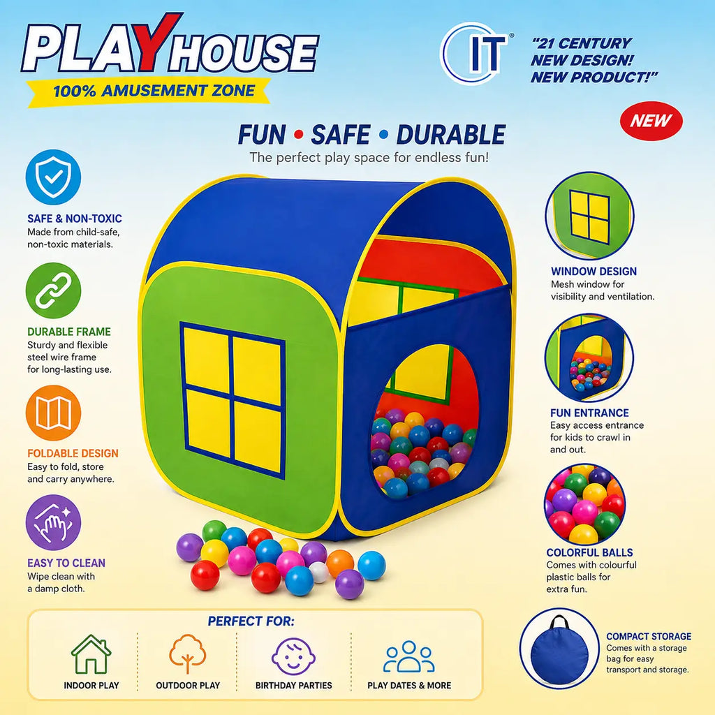 Kids pop-up play house tent with colourful balls showing foldable design, entrance and play features