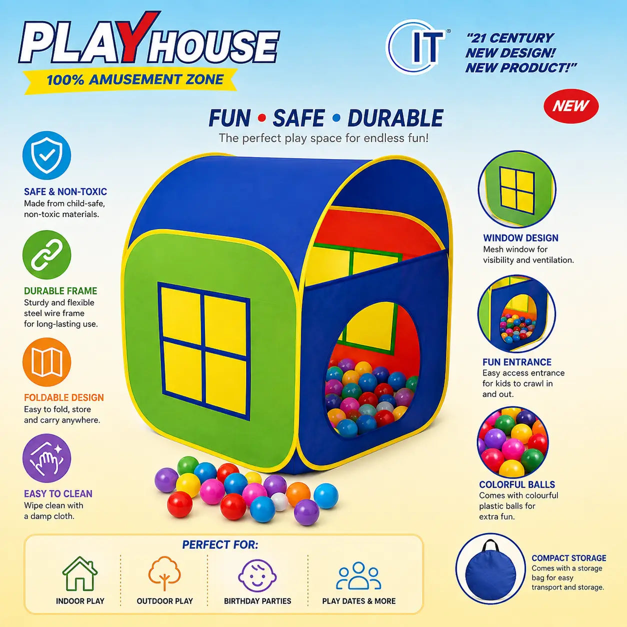 Kids pop-up play house tent with colourful balls showing foldable design, entrance and play features