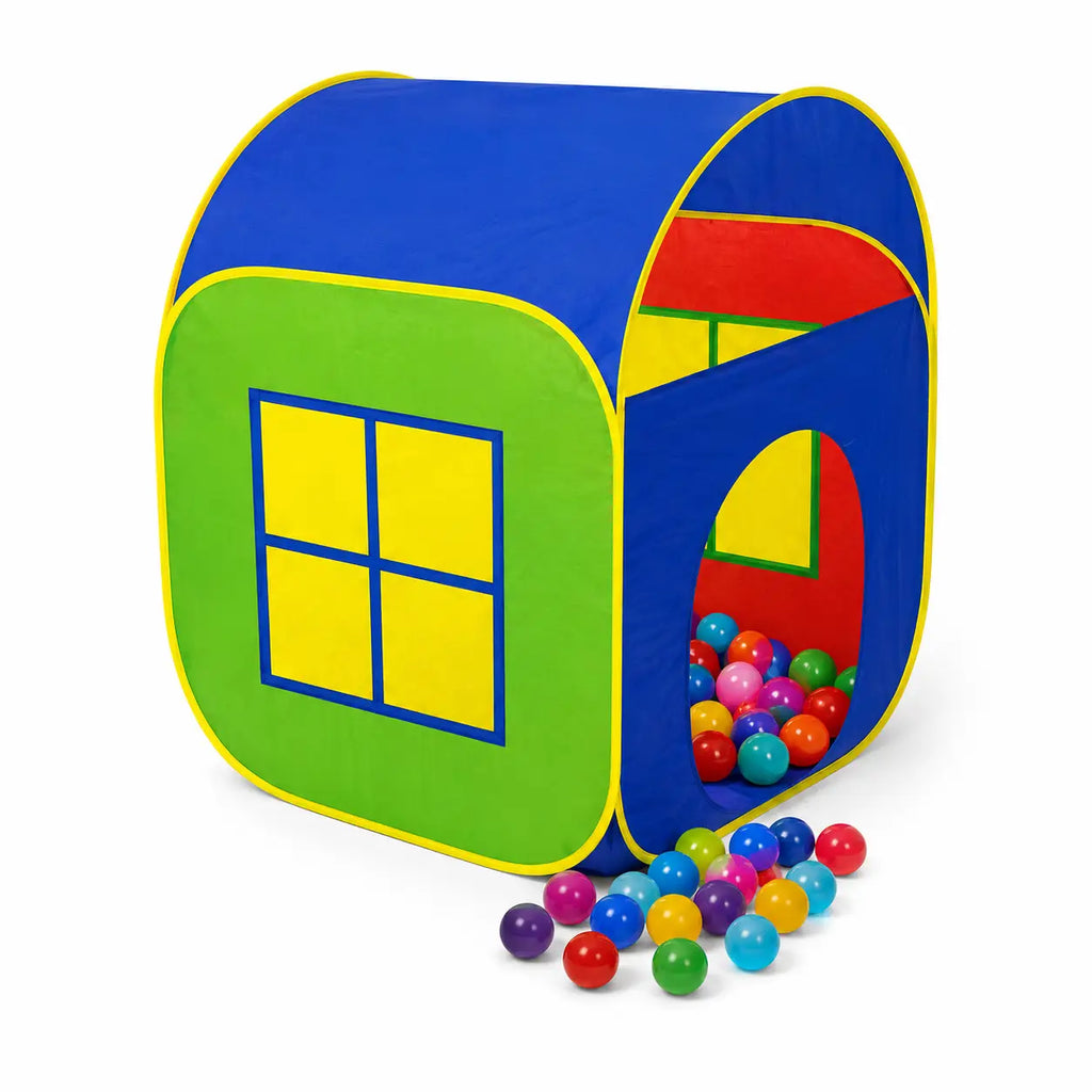Colourful kids pop-up play house tent with blue roof green wall and assorted play balls