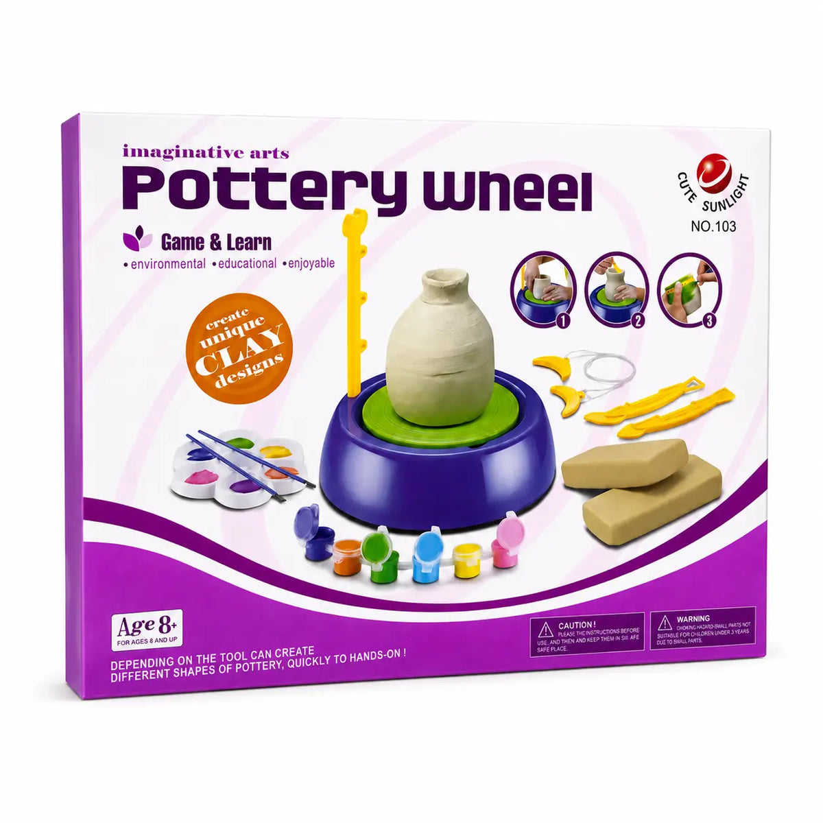 Kids pottery wheel DIY clay art set packaging angled view