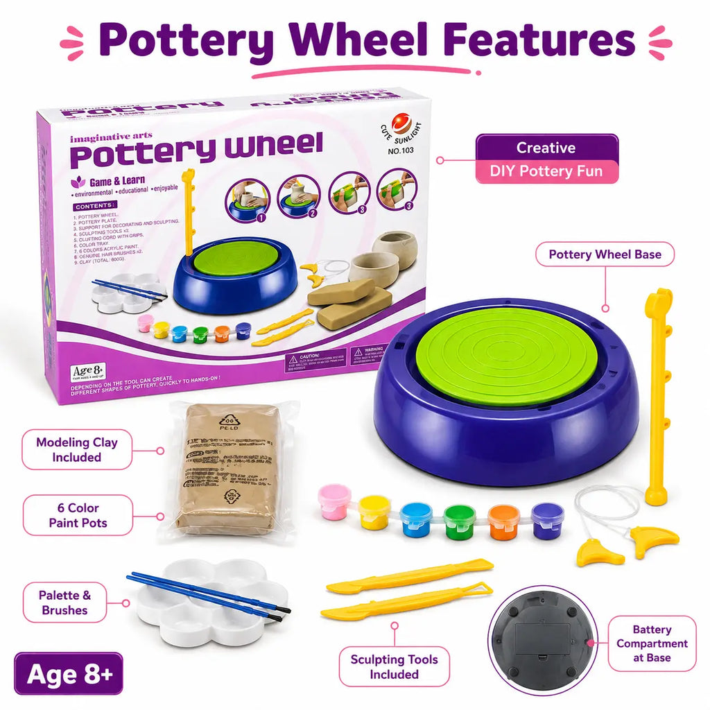 Kids pottery wheel features with clay paints brushes and pottery tools