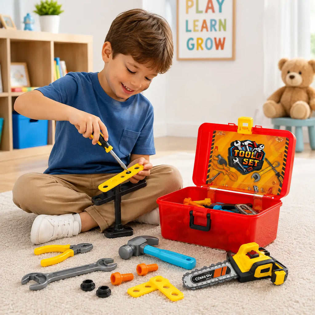 Child playing with pretend repair tool set and colorful storage toolbox during builder role play