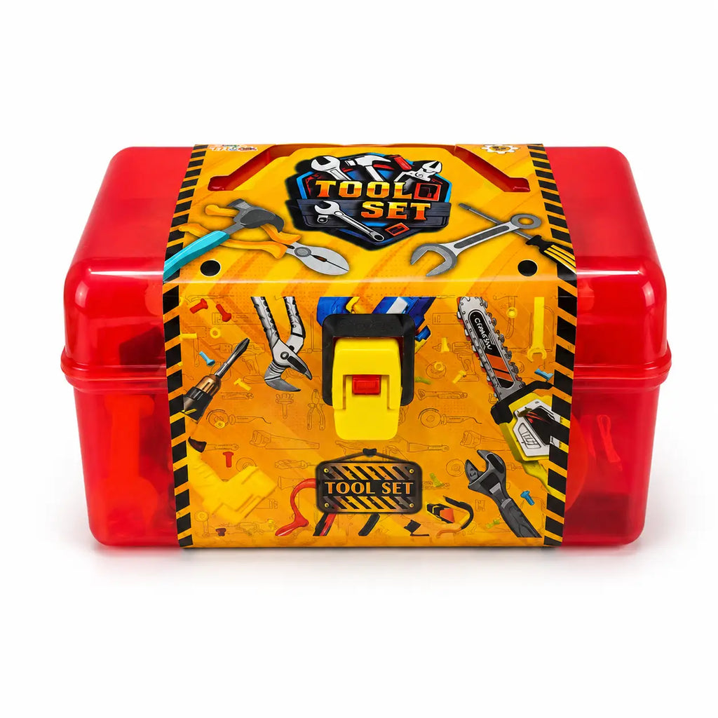 Kids pretend tool set in red storage toolbox with construction themed packaging