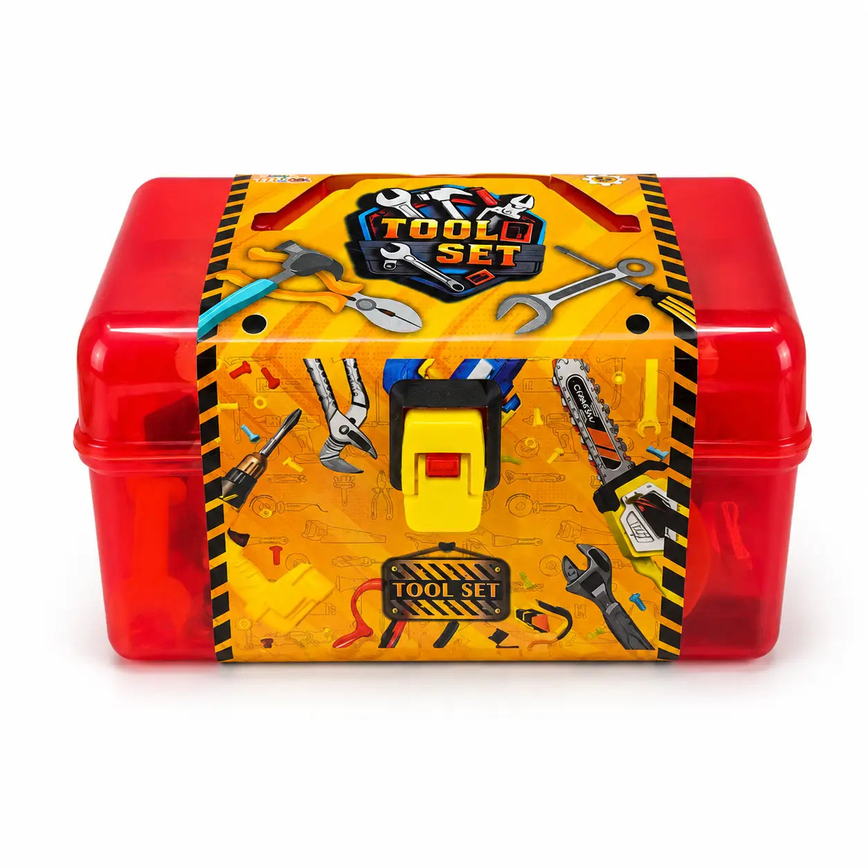 Kids pretend tool set in red storage toolbox with construction themed packaging
