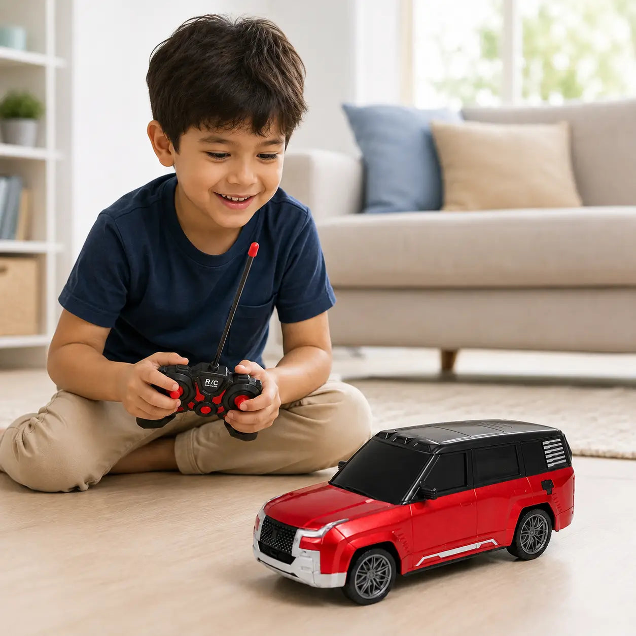 Child playing with red rechargeable remote control SUV car using handheld controller