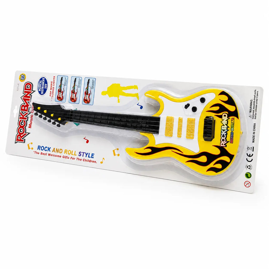 Yellow Rockband music guitar toy in retail packaging for kids ages 3 plus