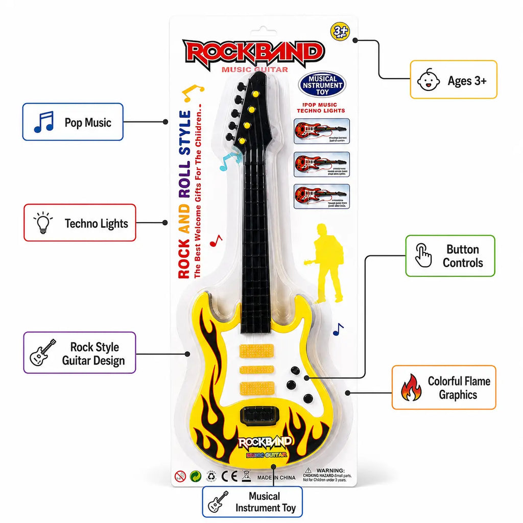 Rockband kids music guitar toy features including pop music techno lights and button controls