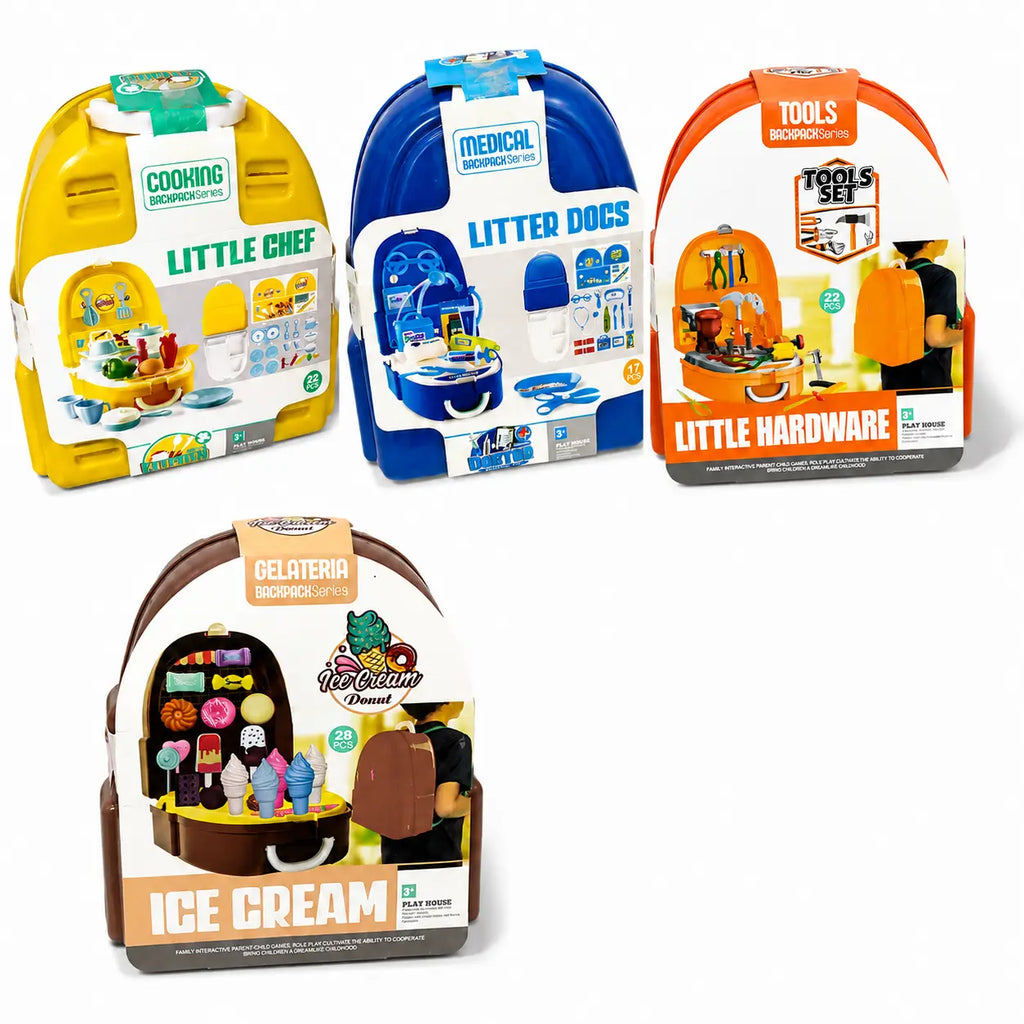 Four toy playset packages from Briffuso's displayed on a white background: Cooking (yellow), Litter Dogs (blue), Tools for All (orange), and Ice Cream (brown). Each package contains a small toy set in a plastic carrier with printed packaging.
