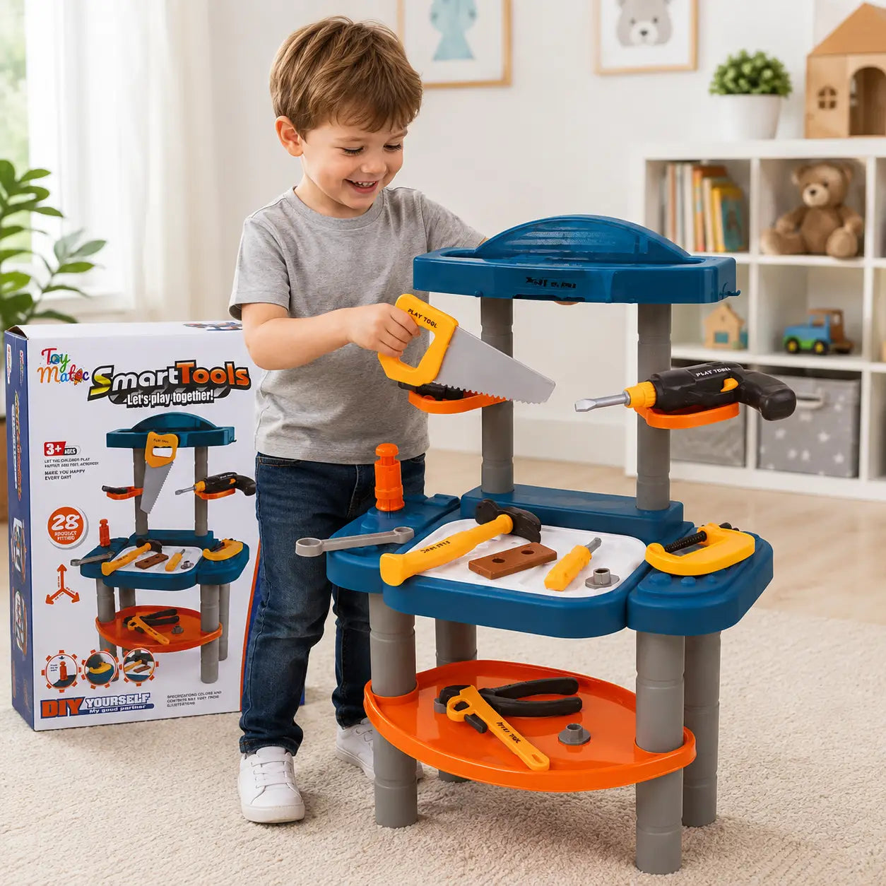 Young child playing with Smart Tools kids workbench using pretend saw and workshop accessories