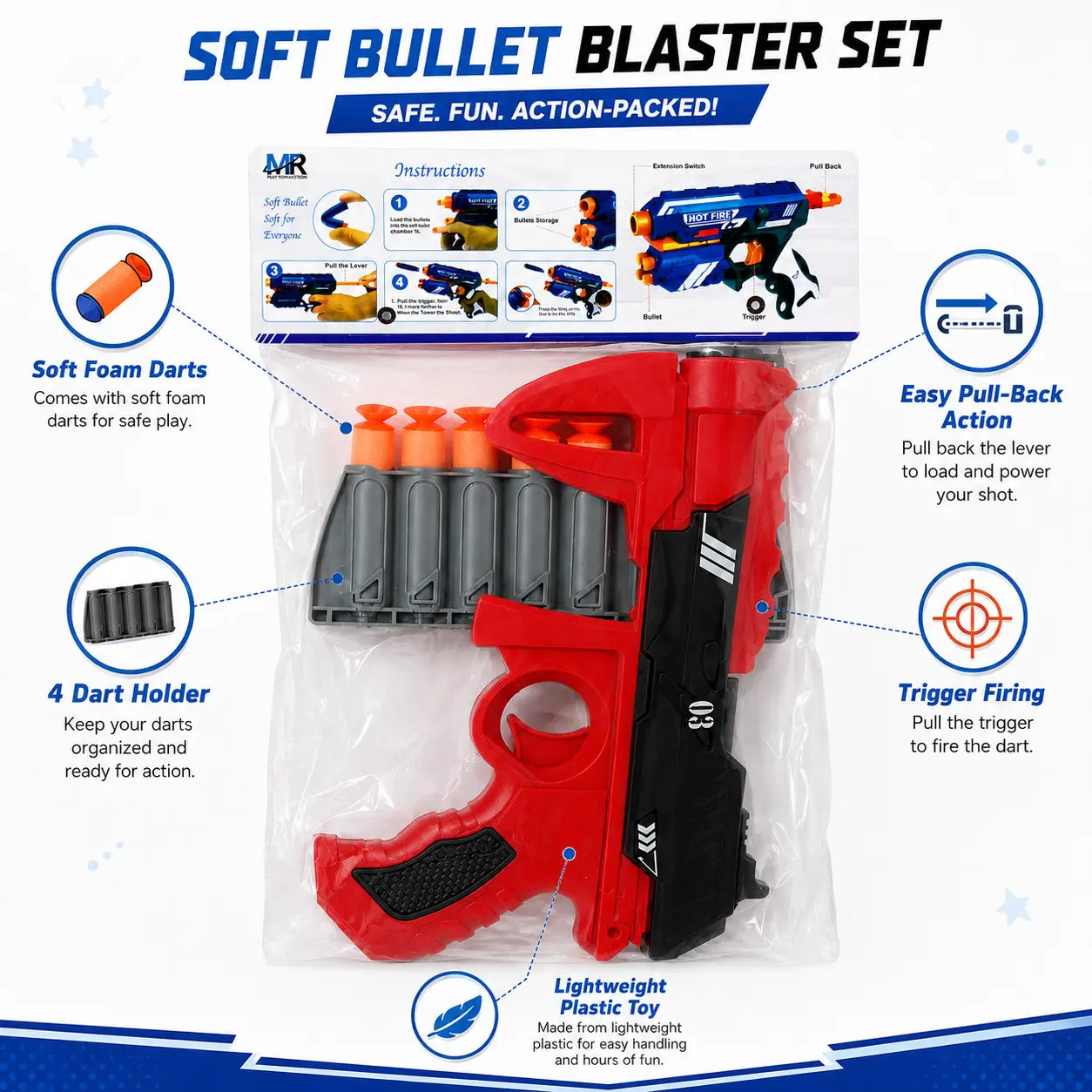 Kids soft bullet toy blaster features showing foam darts, dart holder, pull-back action and trigger mechanism