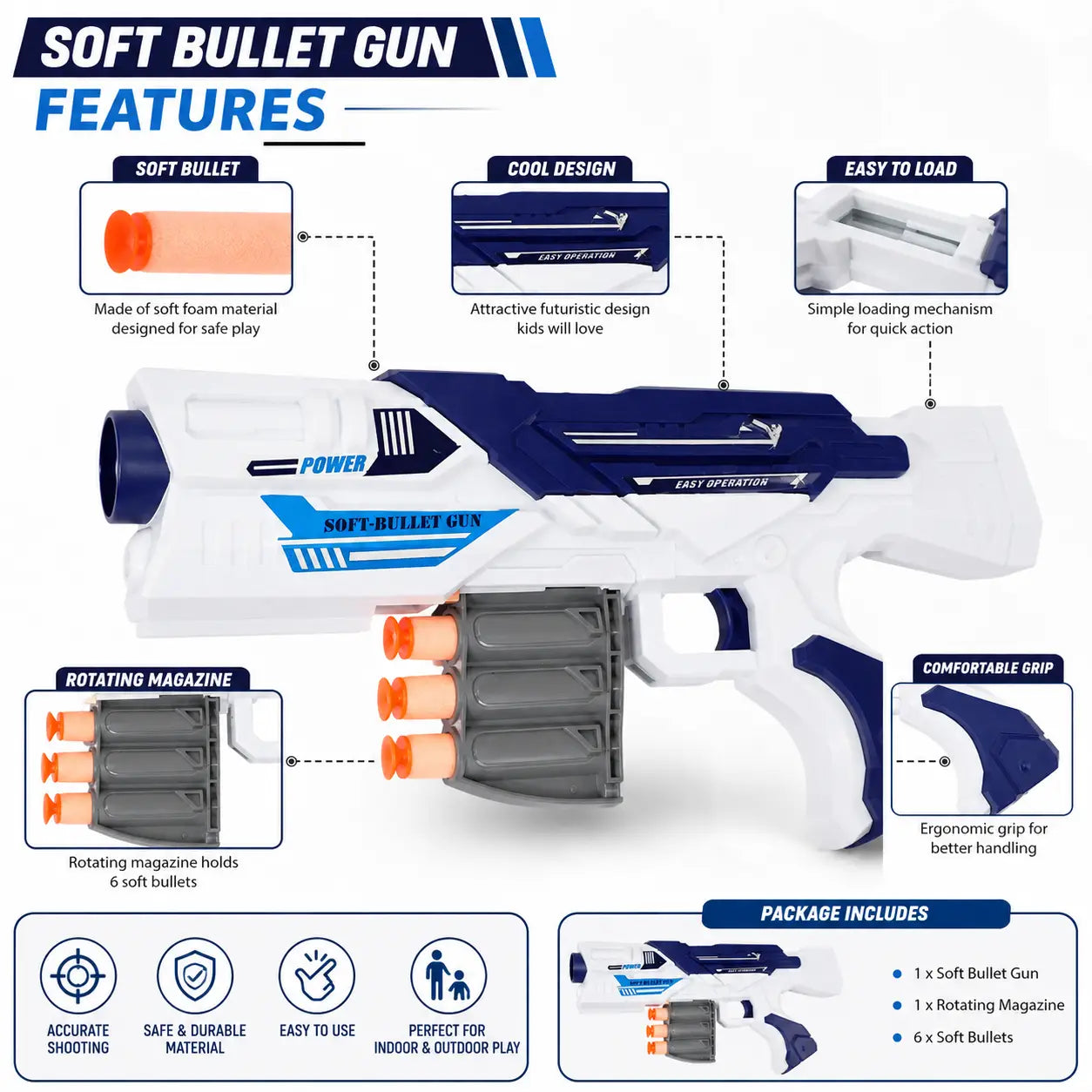 Kids soft bullet gun features infographic showing foam darts, rotating magazine, grip and loading design